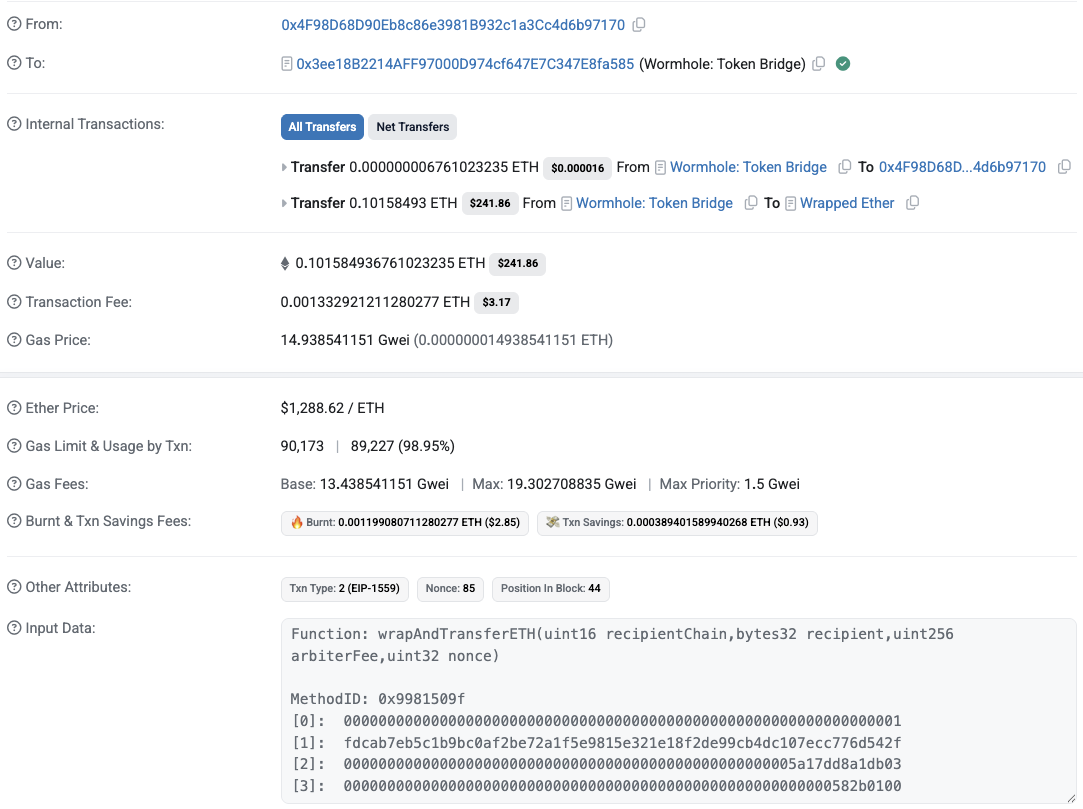 Tx1 0x6539 wrapAndTransferETH on Ethereum